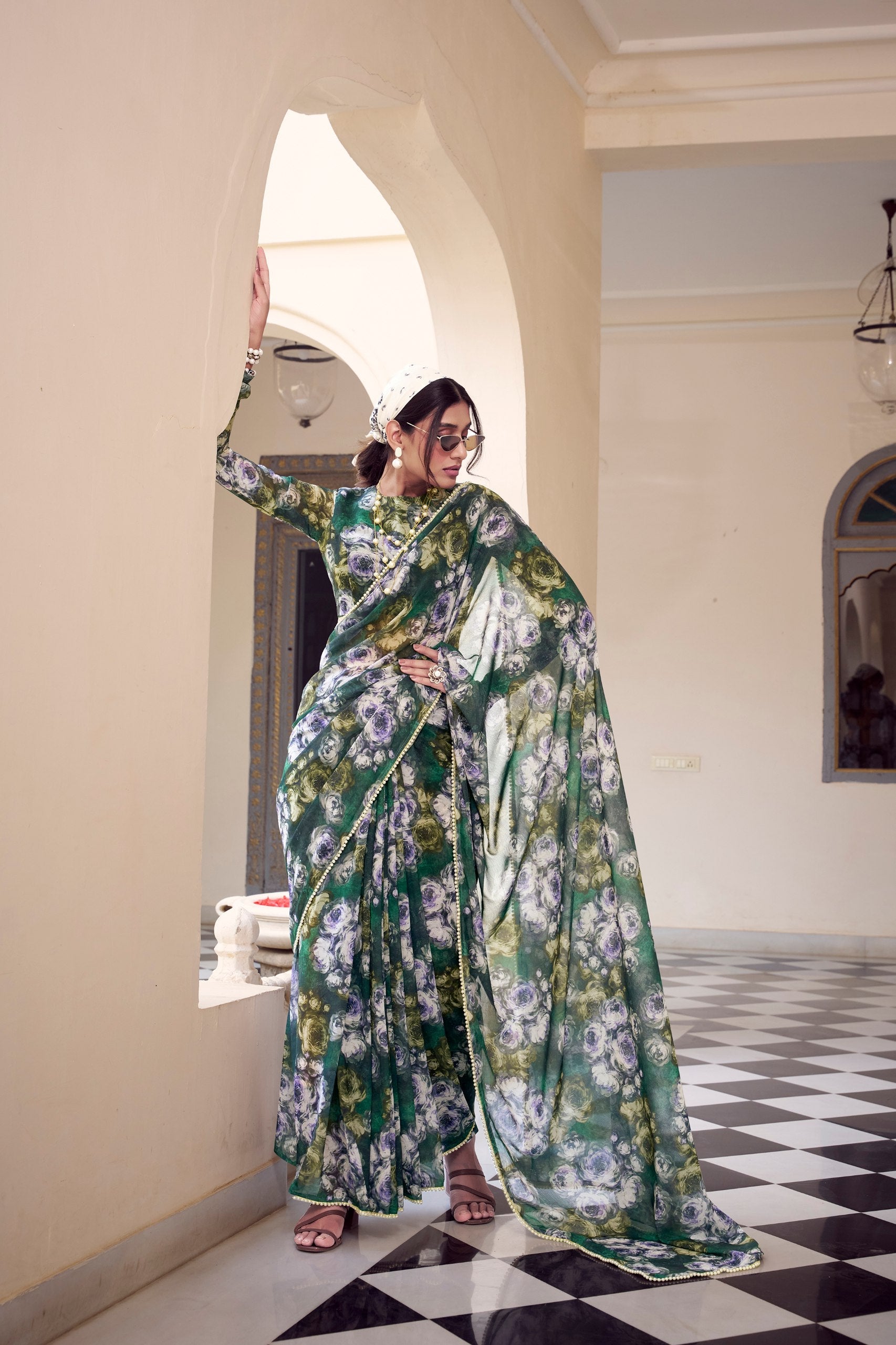 Elegant Floral Printed Saree with Pearl Lace Border - ETHNICDEAL